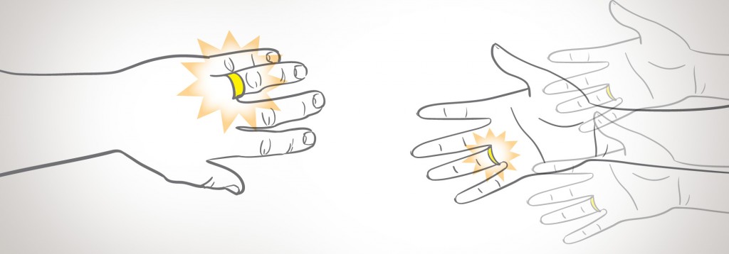 Illustration of male and female hands with wedding rings. 